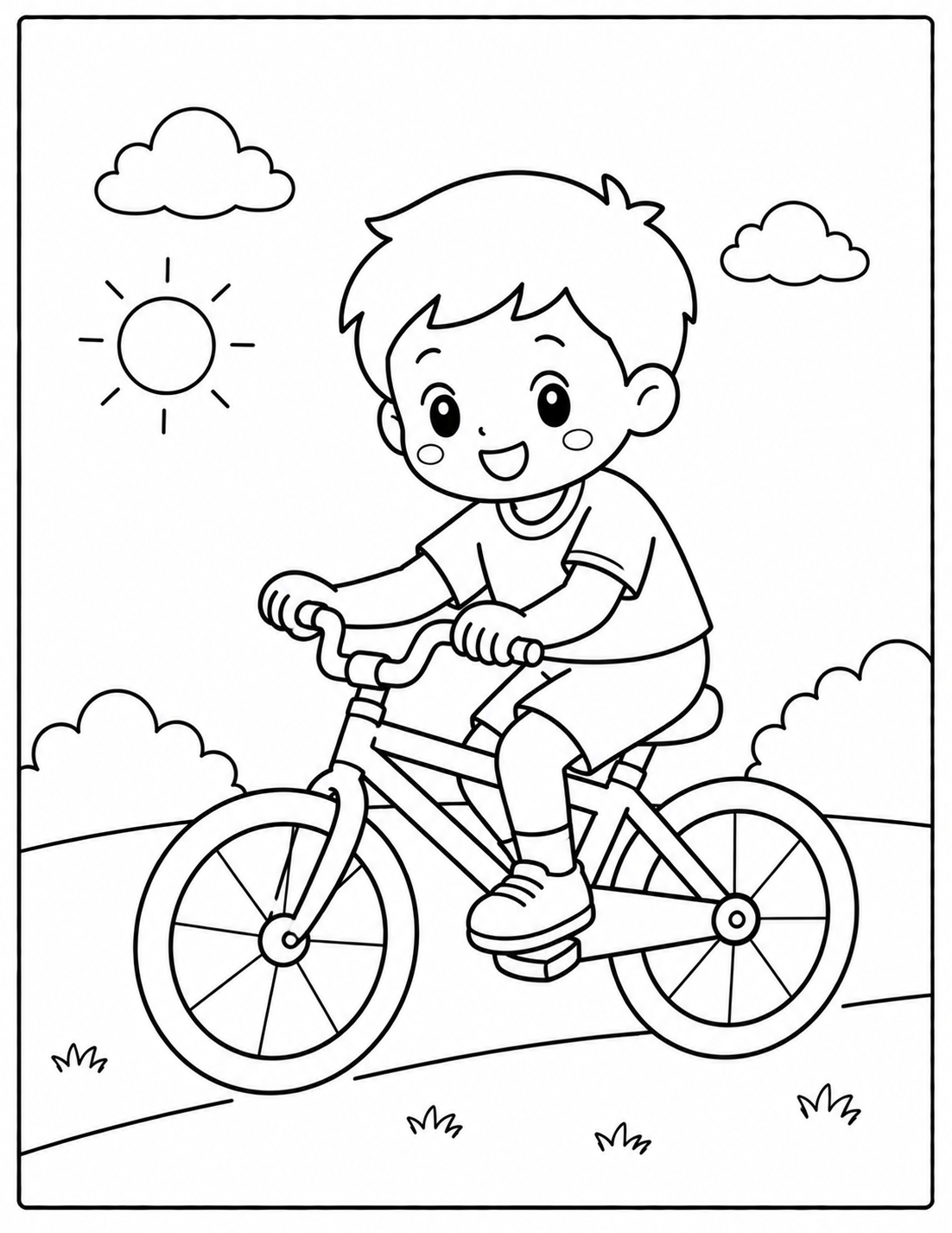 Boy riding bicycle in the sun Coloring Page — Free Printable — free printable coloring page